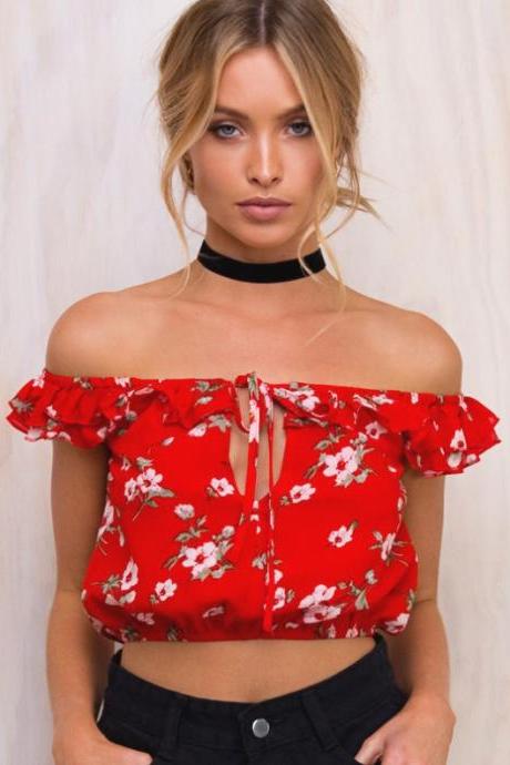 Strapless Patchwork Falbala Chiffon Blouse Crop Top